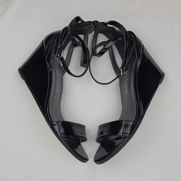 Stuart Weitzman Black Patent Open Toe Strappy Sandals Wedge size 7 - Picture 6 of 10